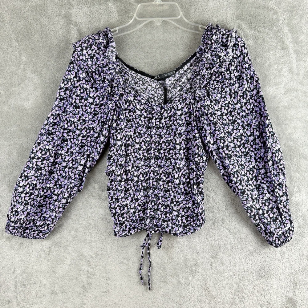 Zara Top Womens XS Black Lavender Floral Cropped Ruched Tie Front Puff‎ Sleeve